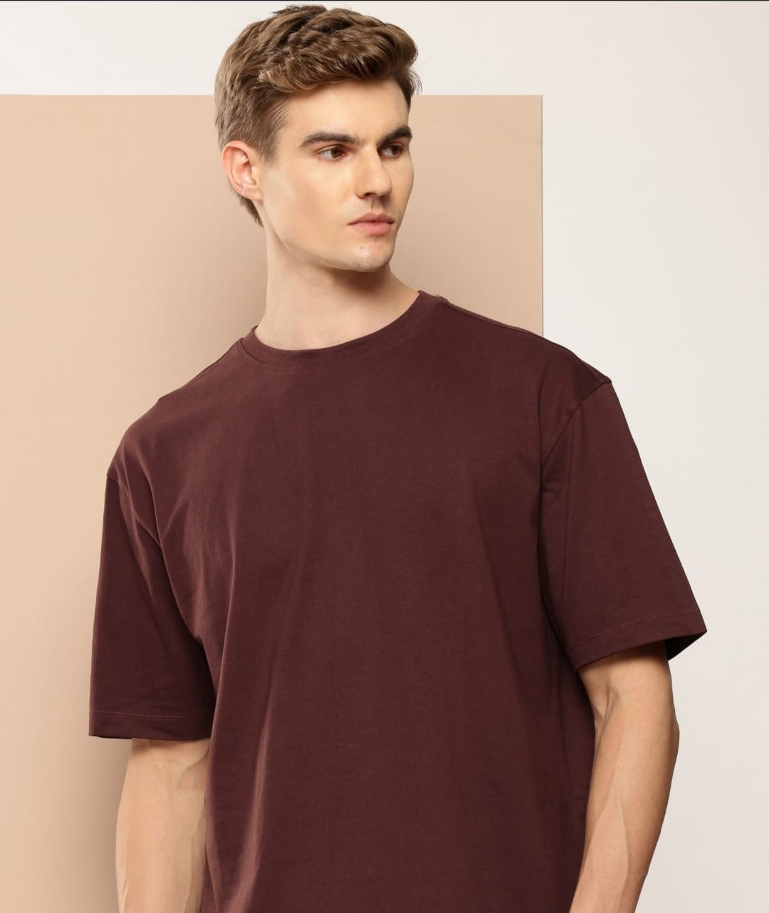 Solid Men Round Neck Maroon Oversized T-Shirt