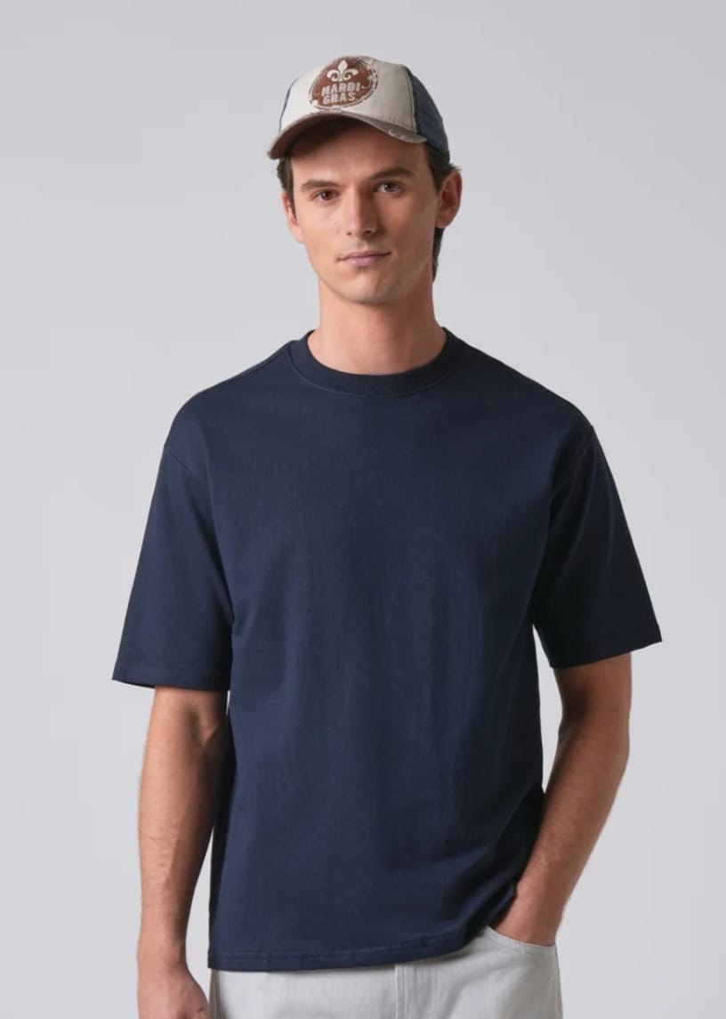 Solid Men Round Neck Blue Oversized T-Shirt